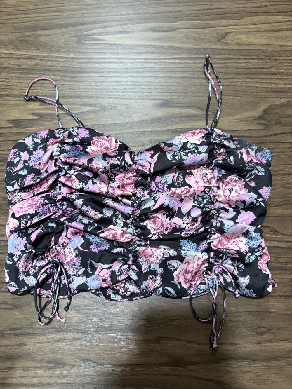 For Love And Lemons Black Pink Floral Ruched Crop Cami